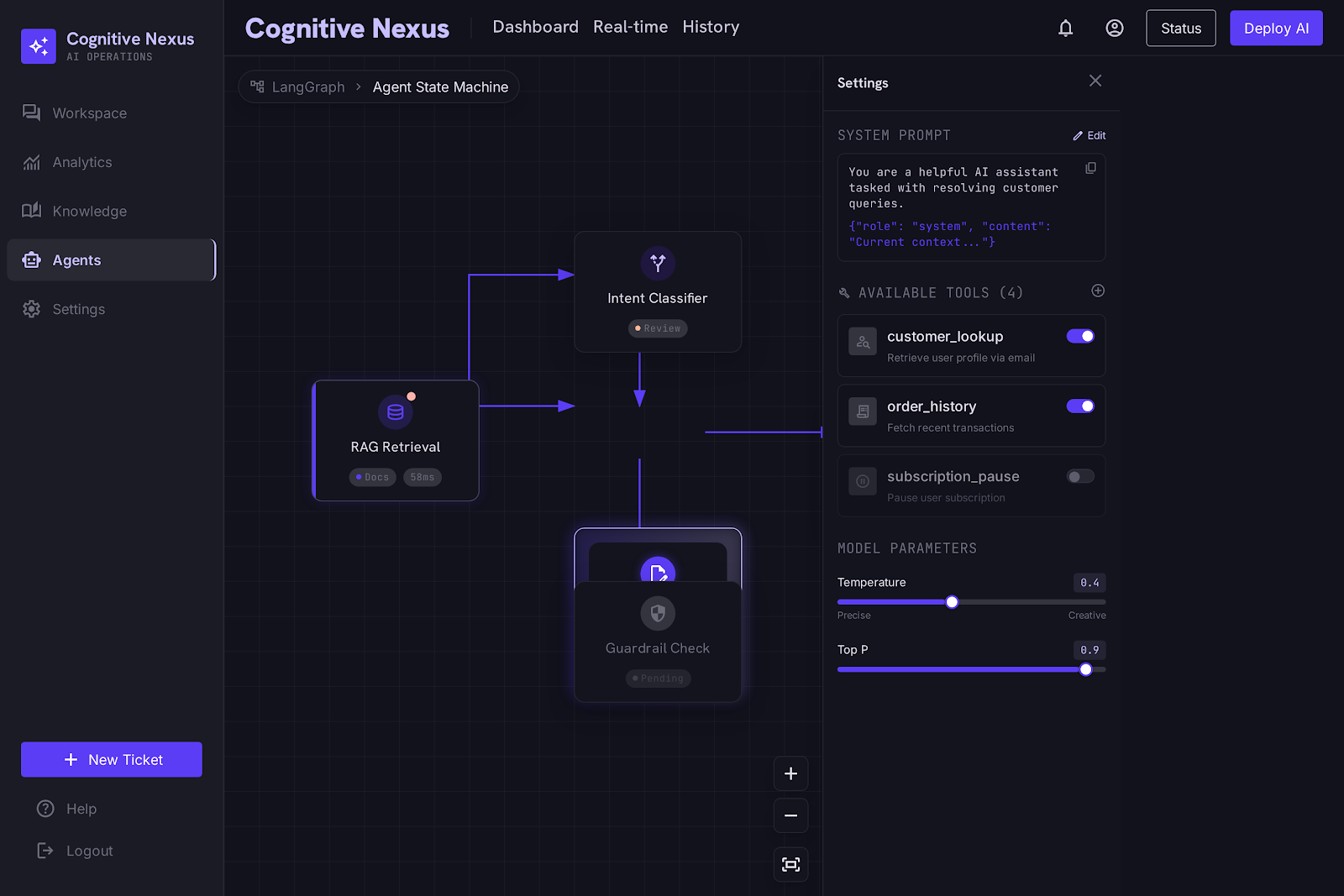 Agent console — live conversation with grounded RAG context