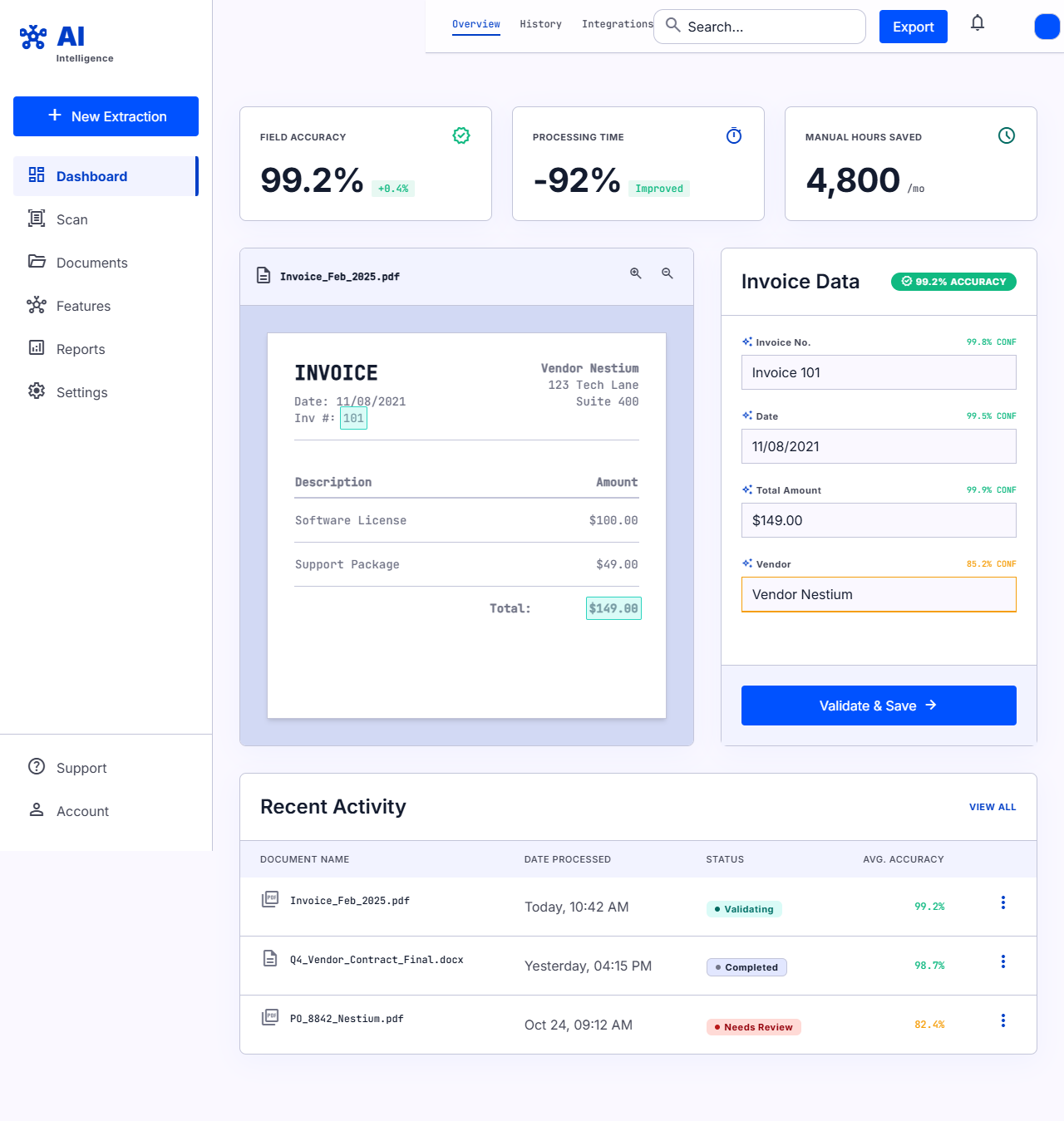 Document inbox — classified by type with confidence