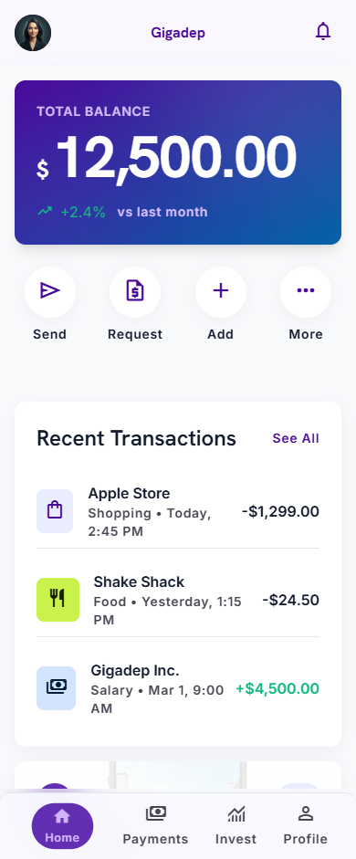 Account dashboard with balance overview